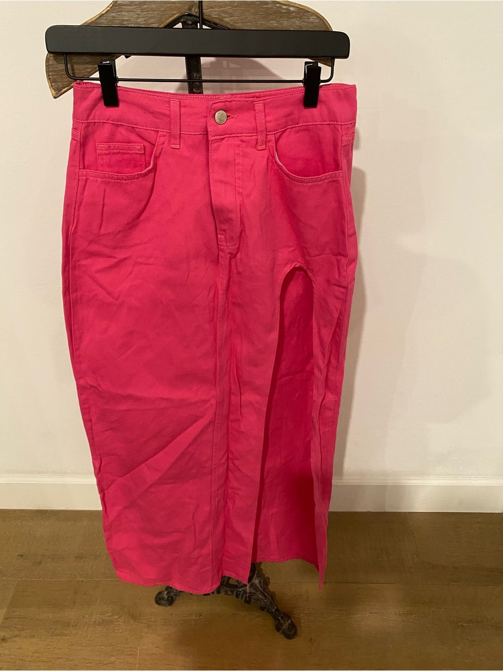 Boohoo Bright Pink Midi Denim Skirt with Front Slit